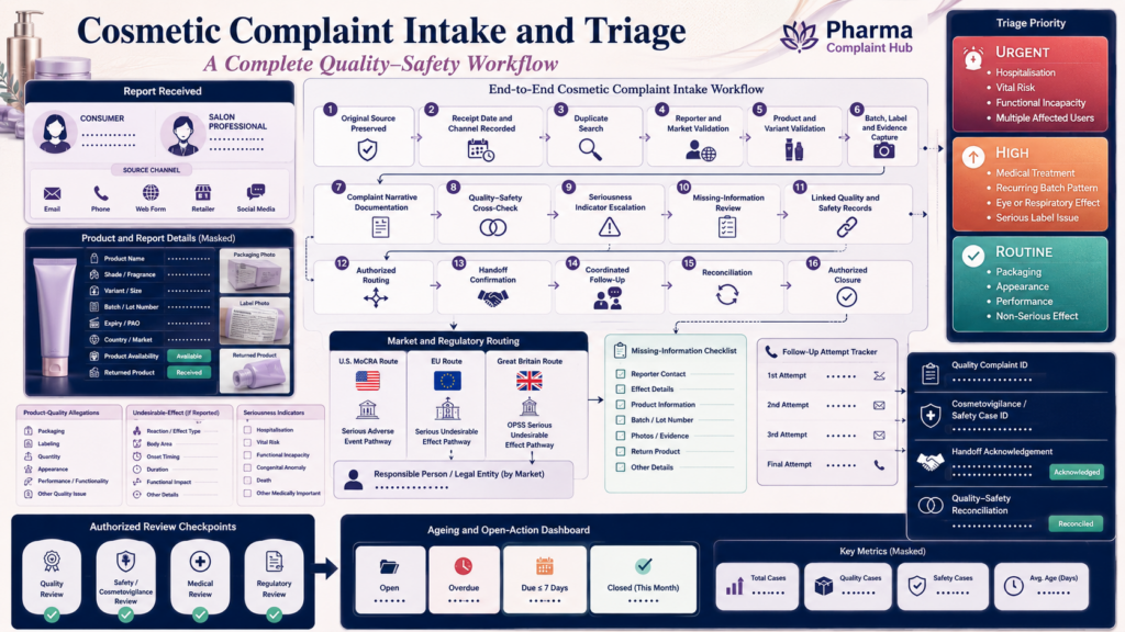 Cosmetic complaint intake and triage workflow showing product validation, Quality–Safety screening, seriousness escalation, follow-up and routing